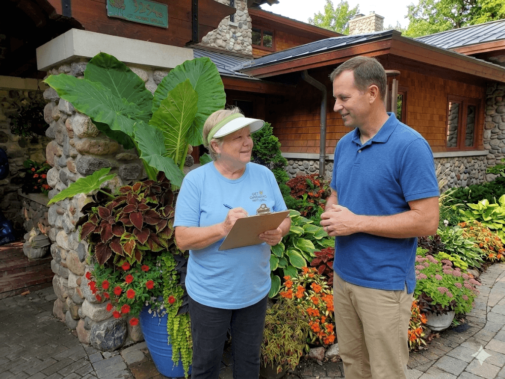 Woman with a clipboard and man talking outside a house with lush colorful plants.