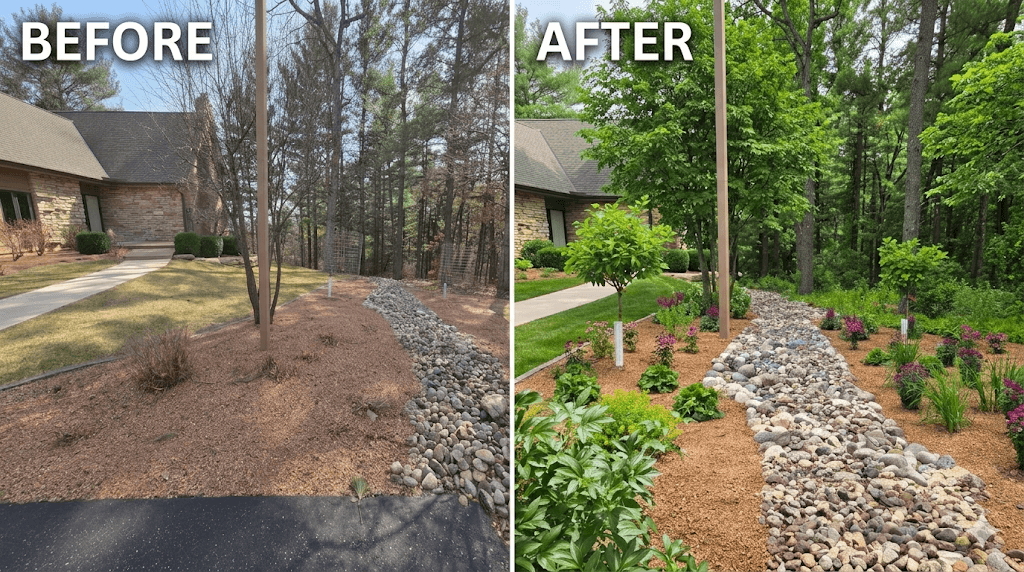 Side-by-side before and after comparison of a yard transformed with lush greenery and flowers.
