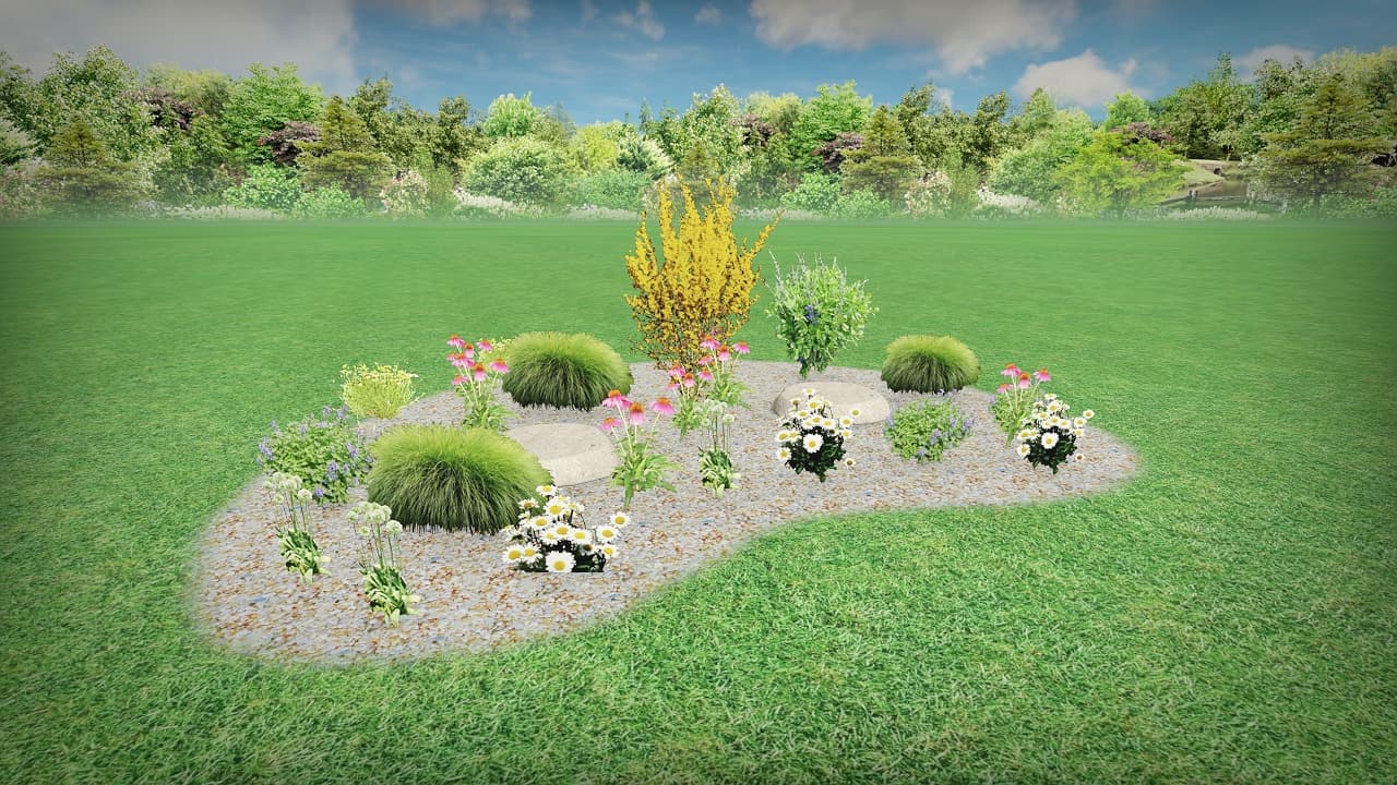 Kidney-shaped gravel garden bed with pink coneflowers, white daisies, and yellow shrubs in a lawn.