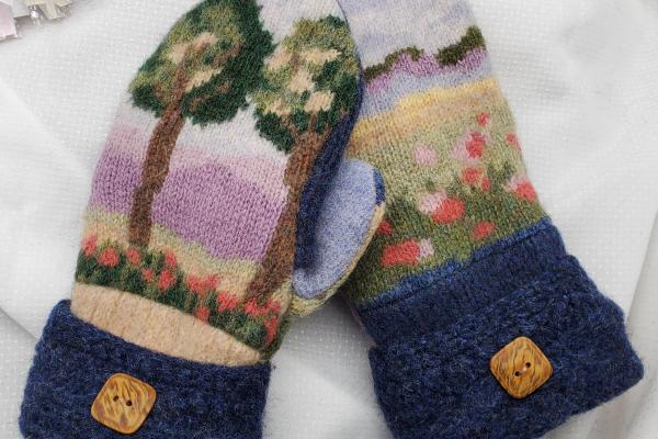 Trees and Pastel Scenery - Felted Wool Mittens